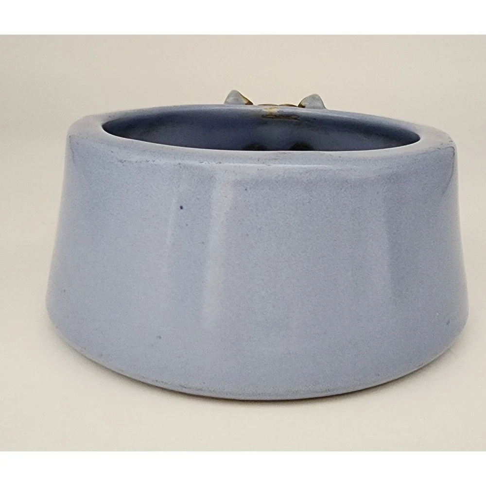 Ceramic Cat Face Pet Bowl Small Blue Tan Whimsical 3D Relief Studio Pottery